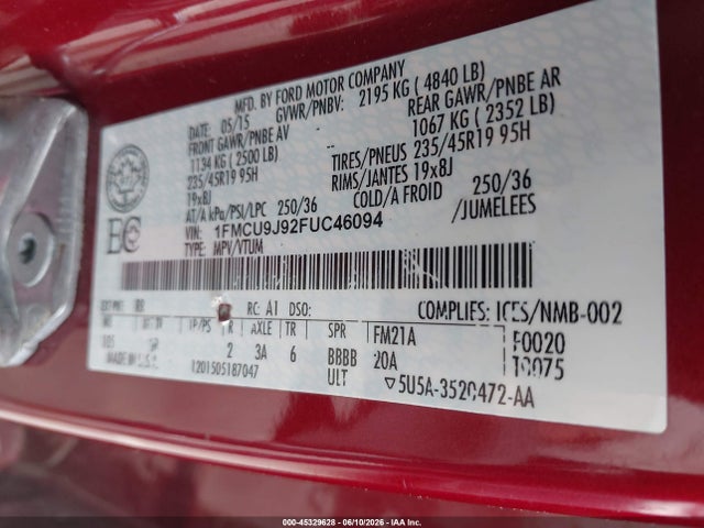 45329628 :رقم المزاد ، 1FMCU9J92FUC46094 vin ، 2015 Ford Escape Titanium مزاد بيع
