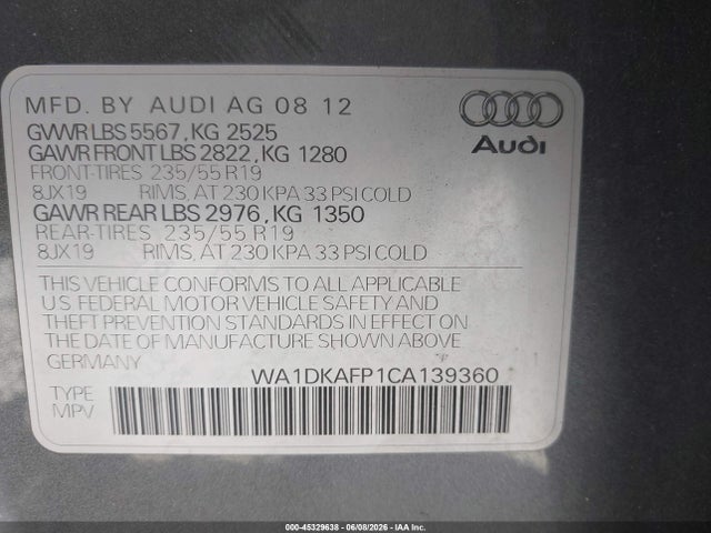 Продаж на аукціоні авто 2012 Audi Q5 3.2 Premium Plus, vin: WA1DKAFP1CA139360, номер лоту: 45329638