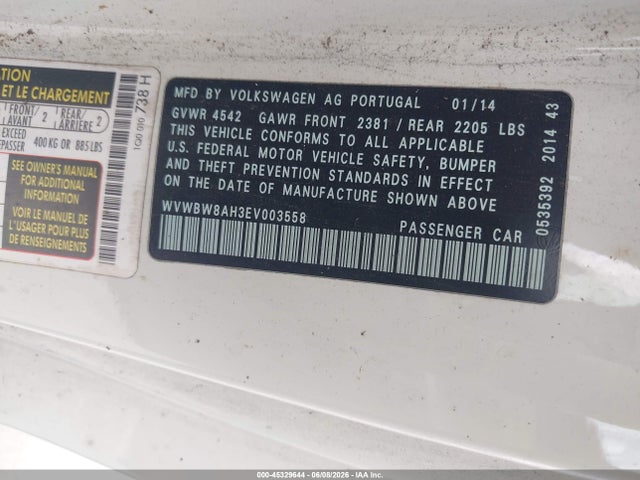 Продажа на аукционе авто 2014 Volkswagen Eos Komfort, vin: WVWBW8AH3EV003558, номер лота: 45329644