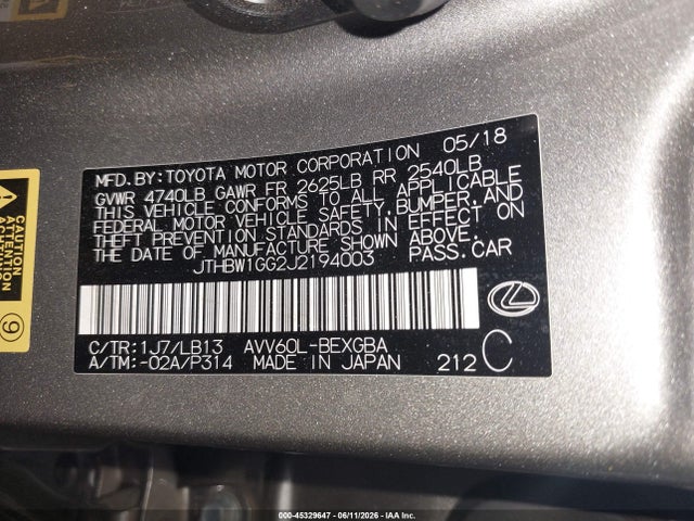 Lexus ES 300H 2018 JTHBW1GG2J2194003 Image 9