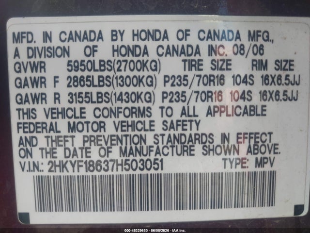 45329650 :رقم المزاد ، 2HKYF18637H503051 vin ، 2007 Honda Pilot Ex-l مزاد بيع