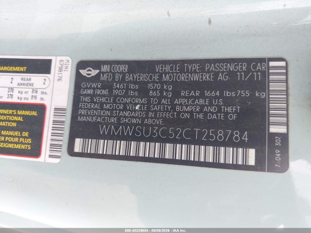 2012 Mini Cooper მანქანა იყიდება აუქციონზე, vin: WMWSU3C52CT258784, აუქციონის ნომერი: 45329654
