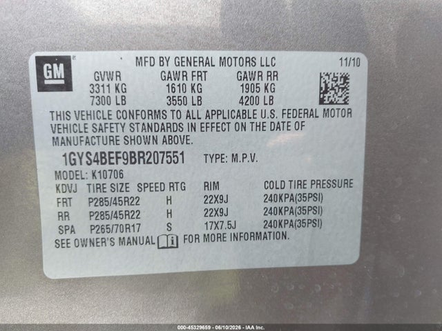45329659 :رقم المزاد ، 1GYS4BEF9BR207551 vin ، 2011 Cadillac Escalade Luxury مزاد بيع
