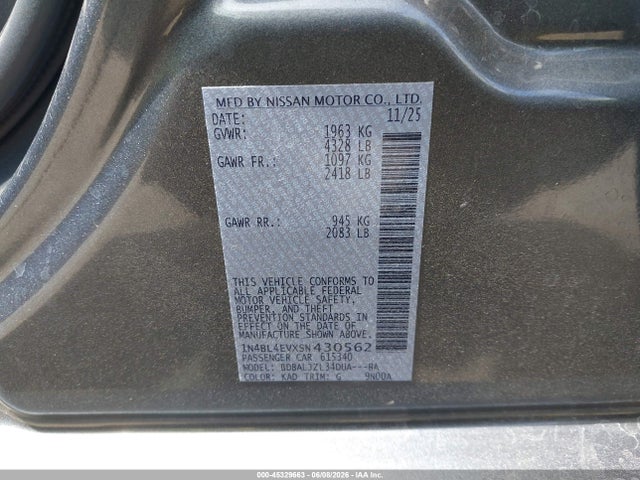 45329663 :رقم المزاد ، 1N4BL4EVXSN430562 vin ، 2025 Nissan Altima Sl Fwd مزاد بيع