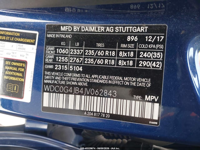 Aukcja sprzedaży 2018 Mercedes-benz Glc 300, vin: WDC0G4JB4JV062843, numer aukcji: 45329674
