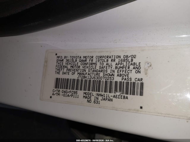Продаж на аукціоні авто 2003 Toyota Prius, vin: JT2BK12U630070253, номер лоту: 45329676