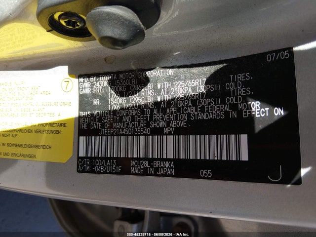 Auction sale of the 2005 Toyota Highlander Limited V6, vin: JTEEP21A450135540, lot number: 45329716