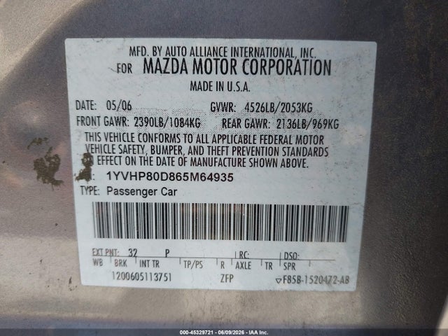 Aukcja sprzedaży 2006 Mazda Mazda6 S, vin: 1YVHP80D865M64935, numer aukcji: 45329721