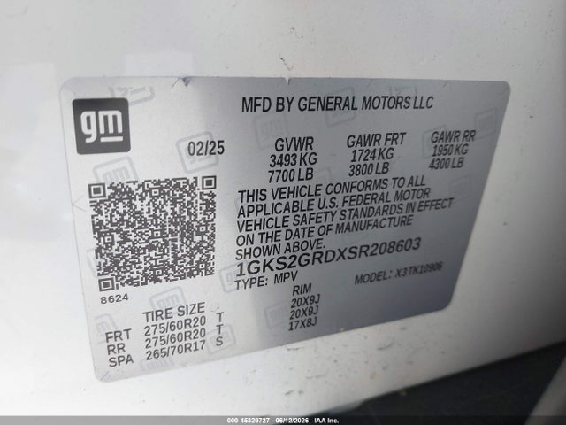 45329727 :رقم المزاد ، 1GKS2GRDXSR208603 vin ، 2025 Gmc Yukon Xl 4wd Elevation مزاد بيع
