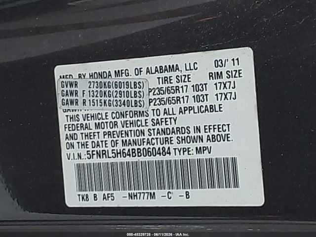 Продажа на аукционе авто 2011 Honda Odyssey Ex-l, vin: 5FNRL5H64BB060484, номер лота: 45329728