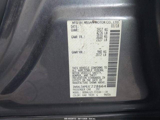 Aukcja sprzedaży 2018 Nissan Altima 2.5 S, vin: 1N4AL3AP6JC228664, numer aukcji: 45329732