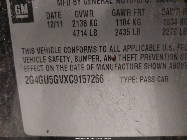 45329738 :رقم المزاد ، 2G4GU5GVXC9157266 vin ، 2012 Buick Regal Turbo - Premium 3 مزاد بيع