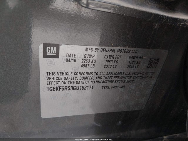 2016 Cadillac Ct6 Premium Luxury მანქანა იყიდება აუქციონზე, vin: 1G6KF5RS8GU152171, აუქციონის ნომერი: 45329741