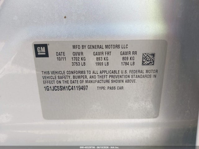 45329756 :رقم المزاد ، 1G1JC5SH1C4119497 vin ، 2012 Chevrolet Sonic 2lt مزاد بيع