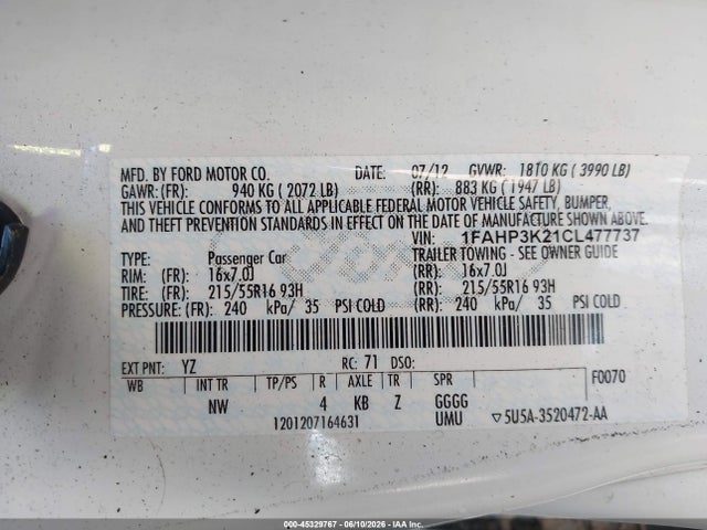Продажа на аукционе авто 2012 Ford Focus Se, vin: 1FAHP3K21CL477737, номер лота: 45329767