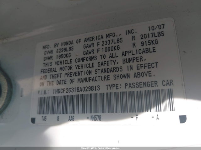Aukcja sprzedaży 2008 Honda Accord 2.4 Lx, vin: 1HGCP26318A029813, numer aukcji: 45329775