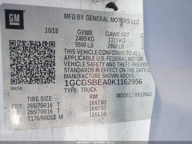 1GCGSBEA0K1162956 Chevrolet Colorado Wt