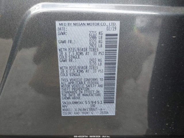 Aukcja sprzedaży 2019 Infiniti Qx60 Luxe, vin: 5N1DL0MM5KC559451, numer aukcji: 45329784