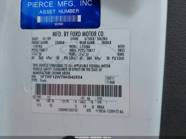 Aukcja sprzedaży 2009 Ford F-150 Stx/xl/xlt/xlt W/midbox Prep, vin: 1FTRF12W79KB42554, numer aukcji: 45329790