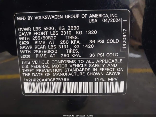 Aukcja sprzedaży 2024 Volkswagen Atlas 2.0t Se W/technology, vin: 1V2HR2CA4RC575799, numer aukcji: 45329792