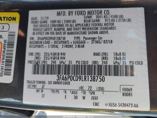 Ford FUSION SEL 2020 3FA6P0CD9LR138750 Image 9