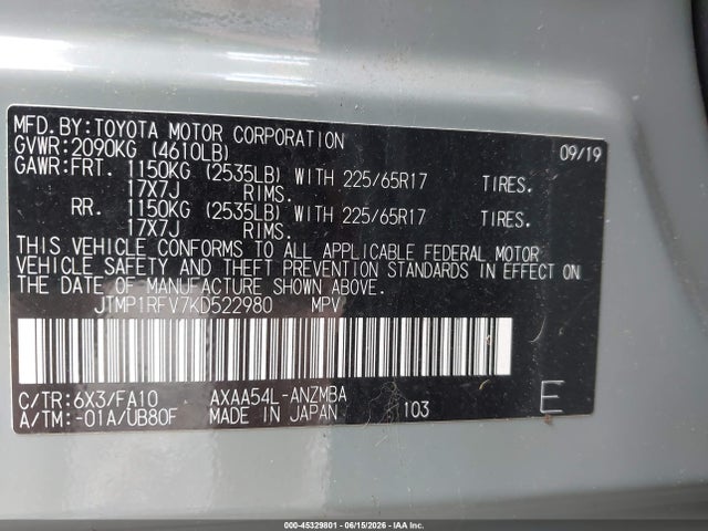 Aukcja sprzedaży 2019 Toyota Rav4 Xle, vin: JTMP1RFV7KD522980, numer aukcji: 45329801