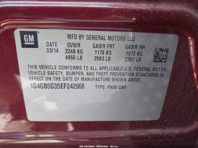 Aukcja sprzedaży 2014 Buick Lacrosse Leather Group, vin: 1G4GB5G35EF242966, numer aukcji: 45329804