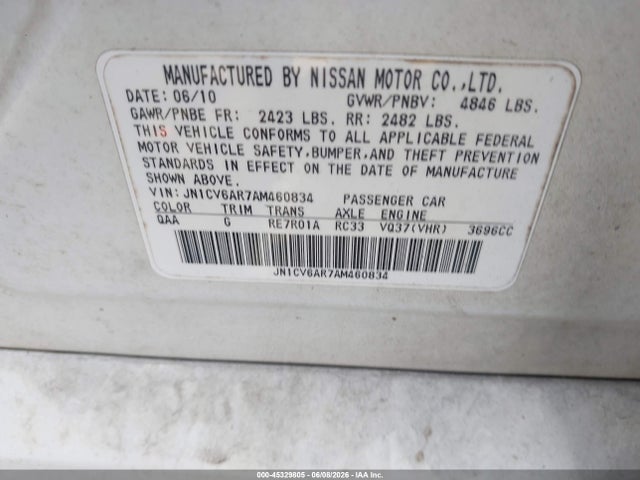 Aukcja sprzedaży 2010 Infiniti G37x, vin: JN1CV6AR7AM460834, numer aukcji: 45329805