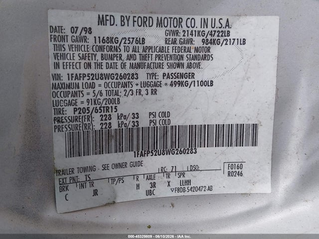 Aukcja sprzedaży 1998 Ford Taurus Lx/se, vin: 1FAFP52U8WG260283, numer aukcji: 45329809