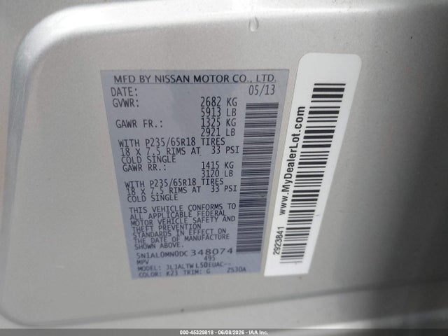 Aukcja sprzedaży 2013 Infiniti Jx35, vin: 5N1AL0MN0DC348074, numer aukcji: 45329818