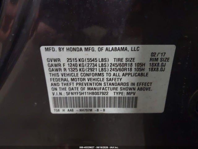 Honda PILOT LX 2017 5FNYF5H11HB007922 Image 9