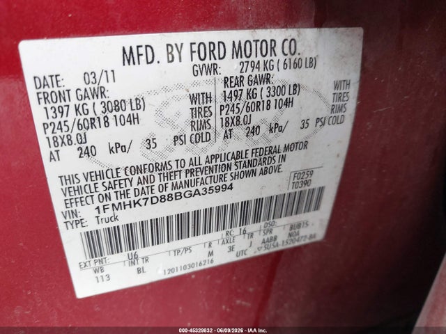 45329832 :رقم المزاد ، 1FMHK7D88BGA35994 vin ، 2011 Ford Explorer Xlt مزاد بيع