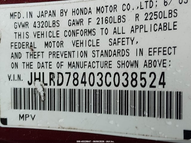 45329847 :رقم المزاد ، JHLRD78403C038524 vin ، 2003 Honda Cr-v Lx مزاد بيع