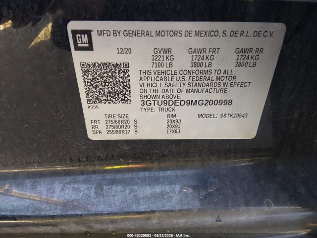 Продажа на аукционе авто 2021 Gmc Sierra 1500 4wd  Short Box Slt, vin: 3GTU9DED9MG200998, номер лота: 45329853