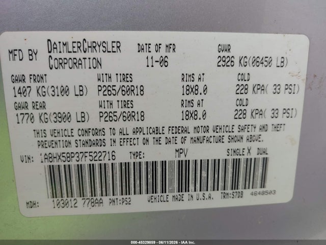 Aukcja sprzedaży 2007 Chrysler Aspen Limited, vin: 1A8HX58P37F522716, numer aukcji: 45329859