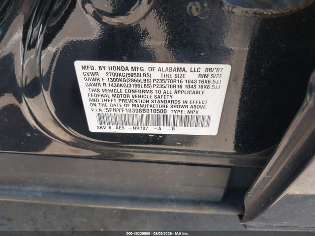 Продажа на аукционе авто 2008 Honda Pilot Se, vin: 5FNYF18398B010500, номер лота: 45329868