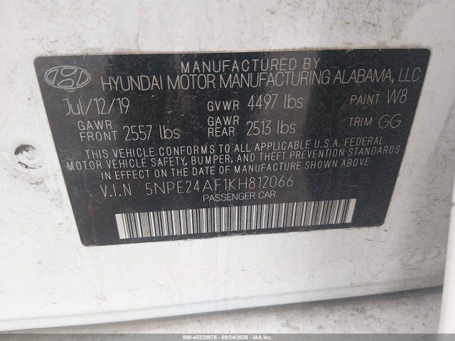 Aukcja sprzedaży 2019 Hyundai Sonata Se, vin: 5NPE24AF1KH812066, numer aukcji: 45329876