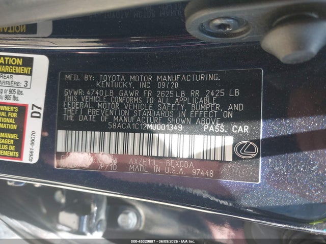 Aukcja sprzedaży 2021 Lexus Es 300h, vin: 58ACA1C12MU001349, numer aukcji: 45329887