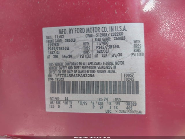 Aukcja sprzedaży 2003 Ford Ranger Edge/xlt, vin: 1FTZR45E63PA53256, numer aukcji: 45329921
