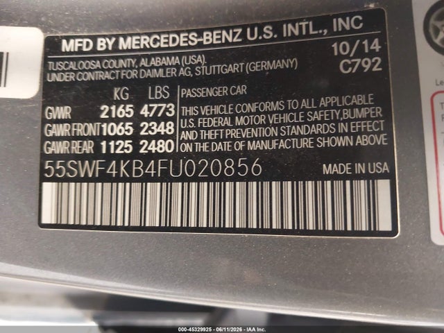 2015 Mercedes-benz C 300 4matic მანქანა იყიდება აუქციონზე, vin: 55SWF4KB4FU020856, აუქციონის ნომერი: 45329925