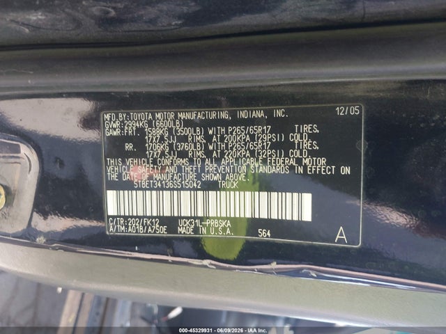 45329931 :رقم المزاد ، 5TBET34136S515042 vin ، 2006 Toyota Tundra Sr5 V8 مزاد بيع