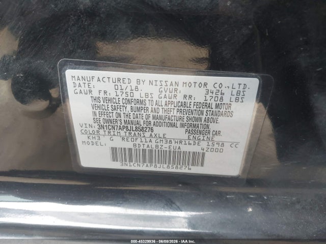 3N1CN7AP8JL858276 Nissan Versa 1.6 Sv