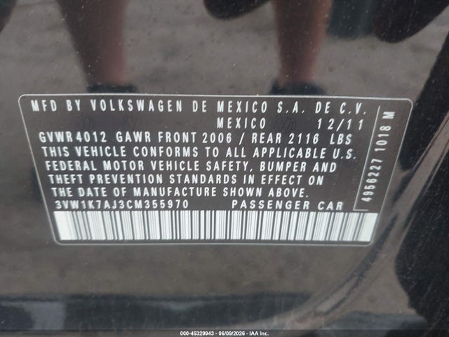 Продаж на аукціоні авто 2012 Volkswagen Jetta 2.0l S, vin: 3VW1K7AJ3CM355970, номер лоту: 45329943