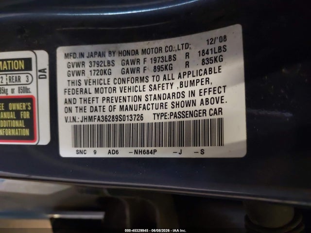 Продажа на аукционе авто 2009 Honda Civic Hybrid, vin: JHMFA36289S013726, номер лота: 45329945