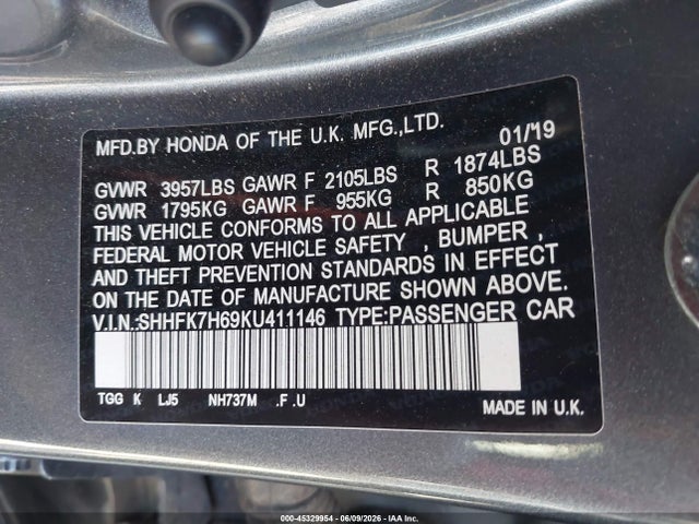 SHHFK7H69KU411146 Honda CIVIC EX