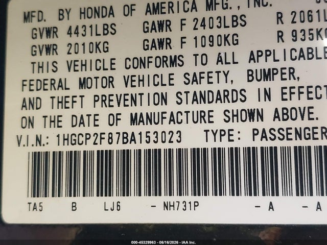Aukcja sprzedaży 2011 Honda Accord 2.4 Ex-l, vin: 1HGCP2F87BA153023, numer aukcji: 45329963