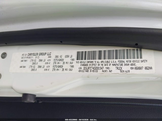 45329965 :رقم المزاد ، 3C6JR7CT4DG591547 vin ، 2013 Ram 1500 Sport مزاد بيع