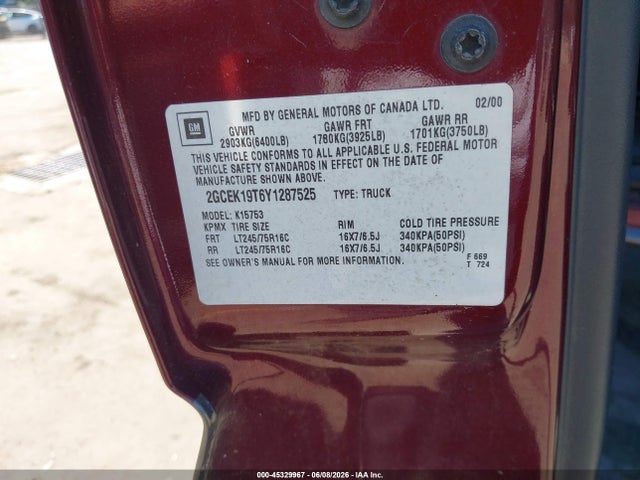 Продажа на аукционе авто 2000 Chevrolet Silverado 1500 Ls, vin: 2GCEK19T6Y1287525, номер лота: 45329967
