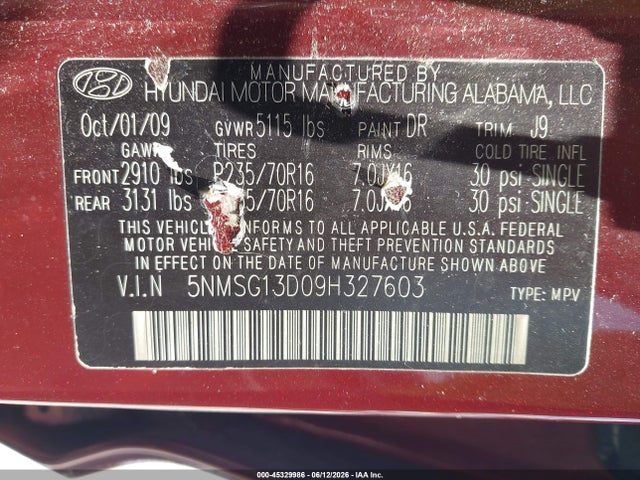 Aukcja sprzedaży 2009 Hyundai Santa Fe Gls, vin: 5NMSG13D09H327603, numer aukcji: 45329986