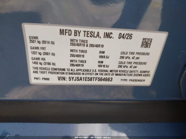 2026 Tesla Model S All-wheel Drive მანქანა იყიდება აუქციონზე, vin: 5YJSA1E58TF564663, აუქციონის ნომერი: 45330001
